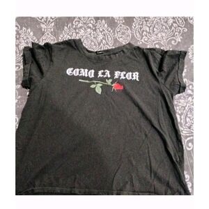 Black Graphic Tee with Rose Design